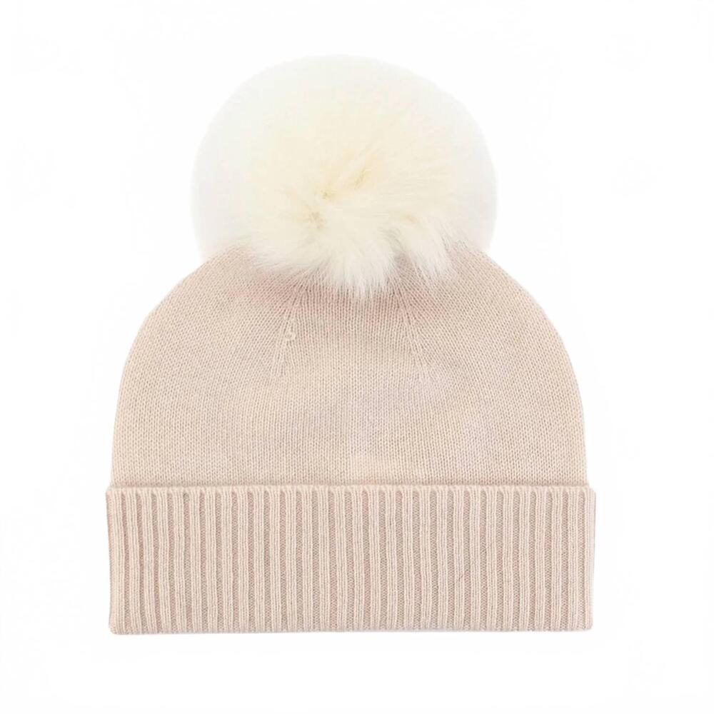 NEW MITCHIE'S MATCHINGS women's cashmere beanie with fox fur pom pom in ivory